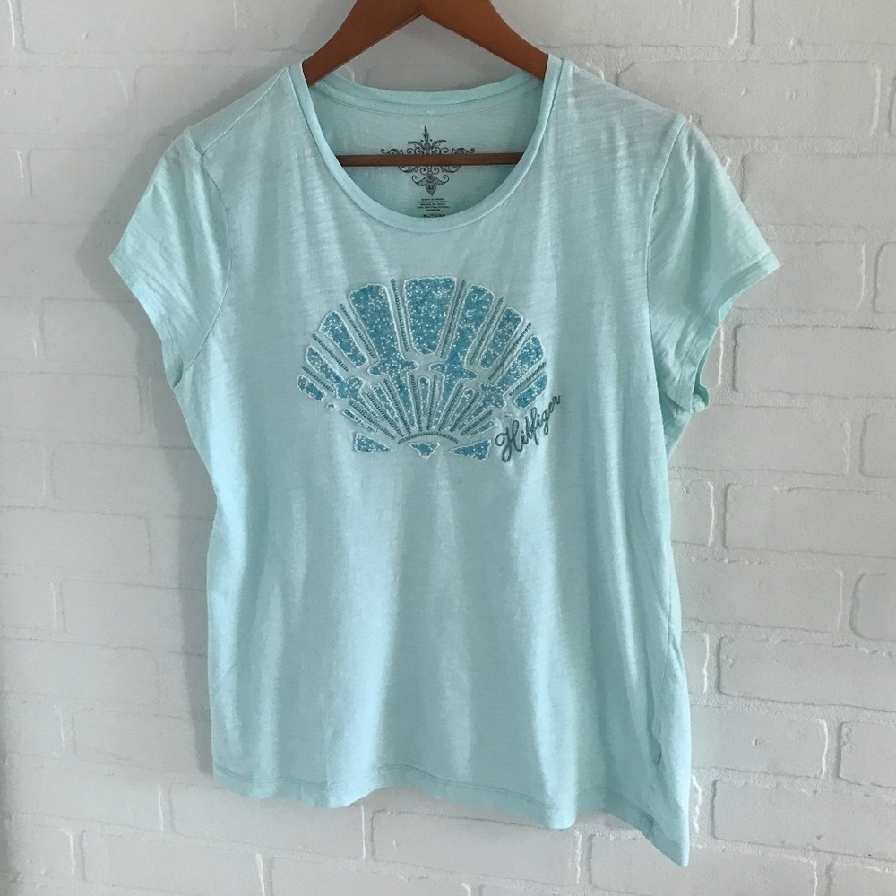 Tommy Hilfiger Vintage Graphic Tee Beaded Mermaidcore crew neckline Size XL